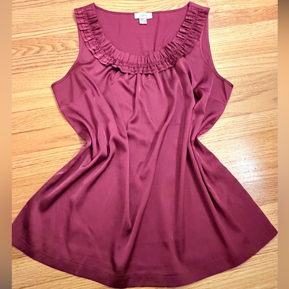 LOFT Sleeveless Burgundy Ruffle Blouse